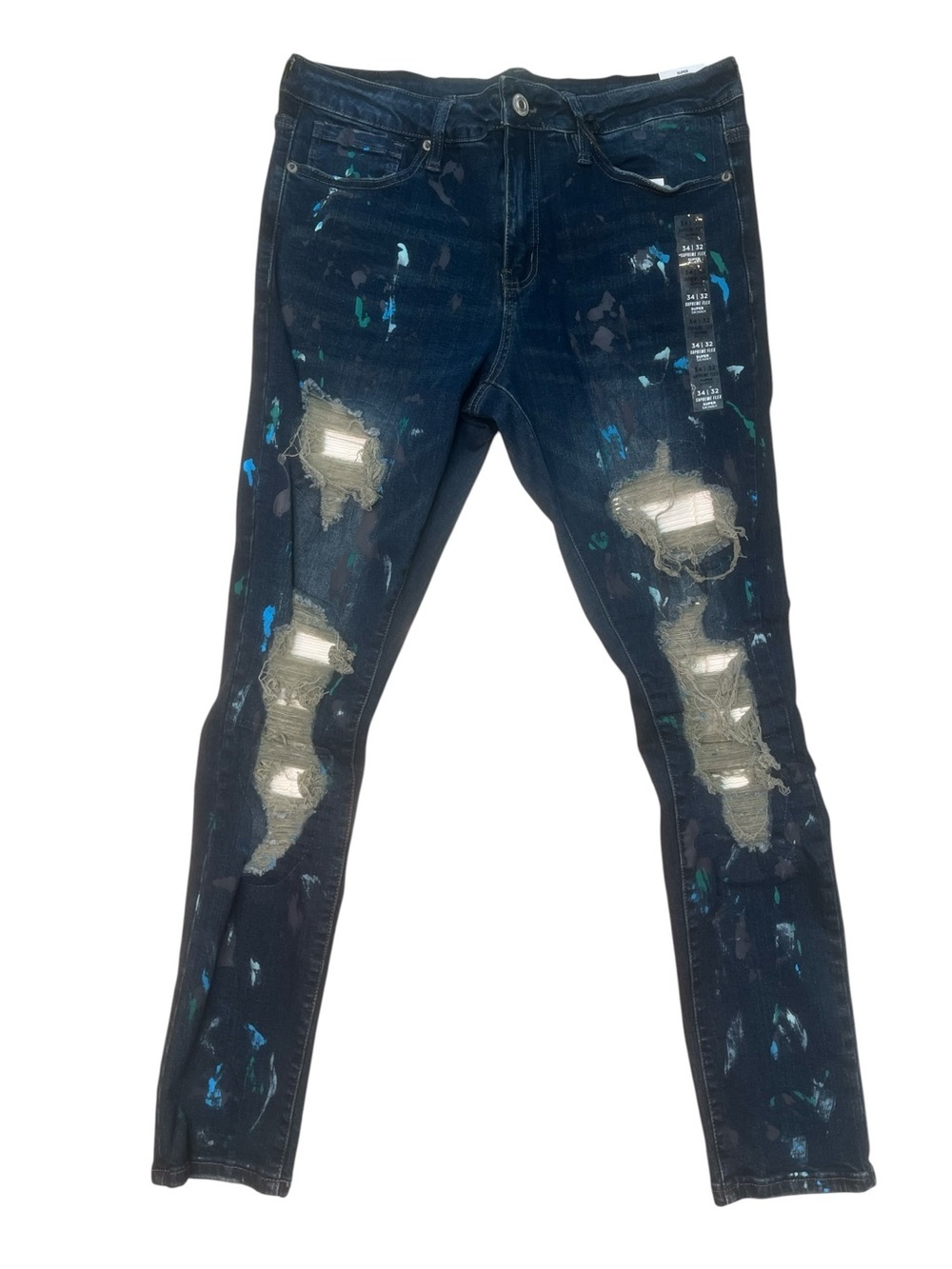 Sz 34x32 Dark Blue Distressed Skinny Jeans with Teal Paint Splatters
